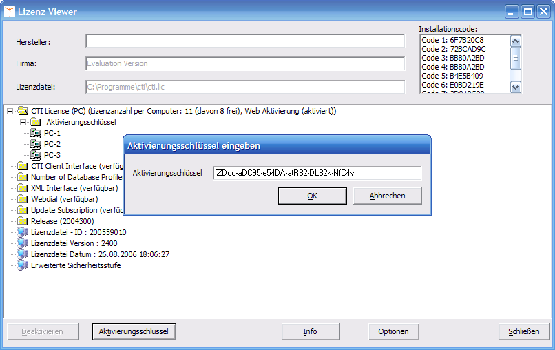 Aktivierungsschlüssel einspielen