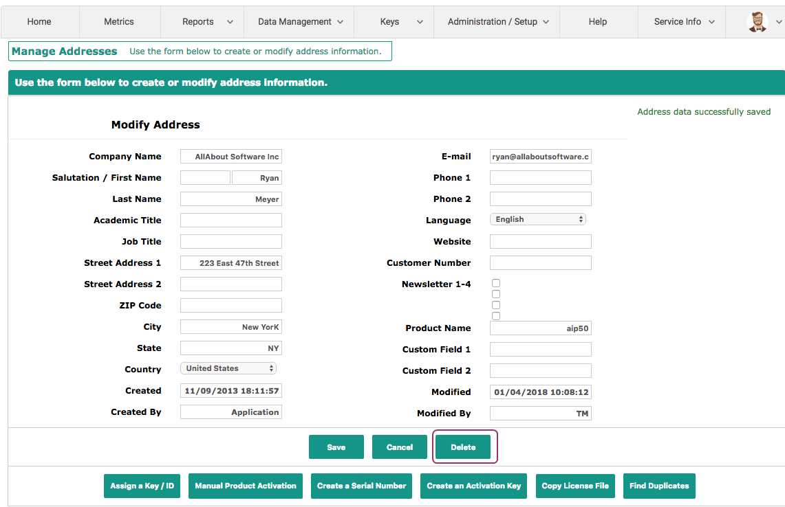 Address without keys - Delete button available Address without keys - Delete button available